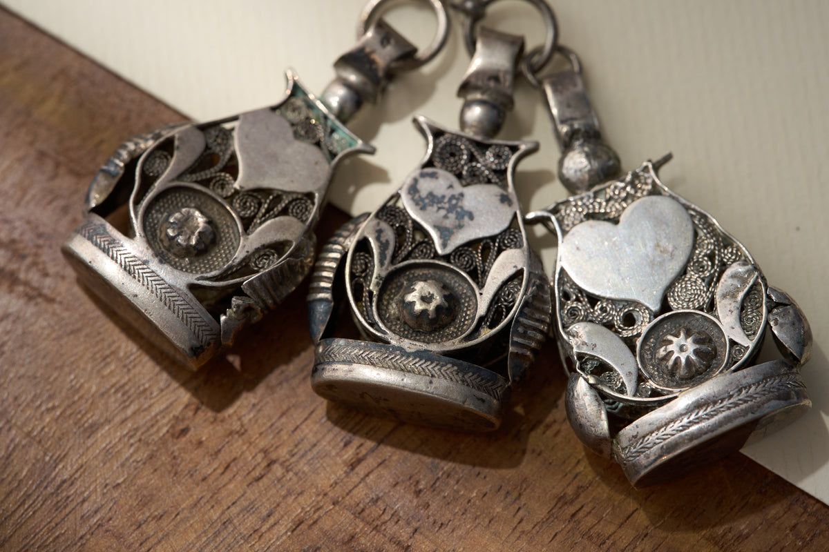 Continental Silver Folk Chatelaine with Filigree Fobs, c.1870