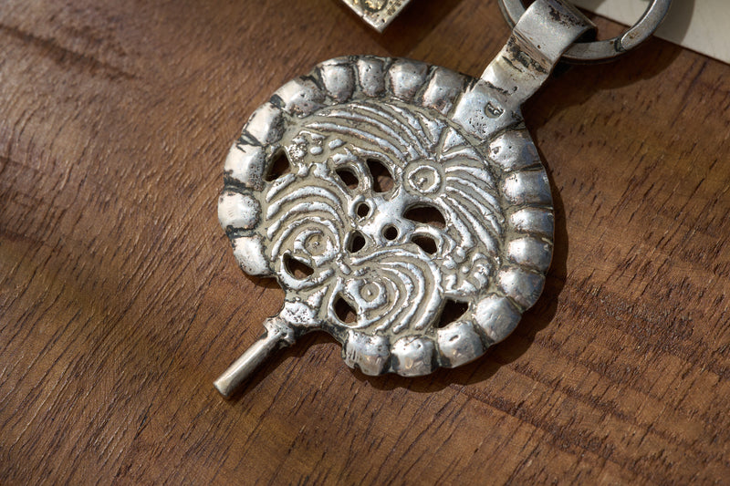 English Sterling Silver Chatelaine with Repousse Panels and Openwork Fobs, c.1890