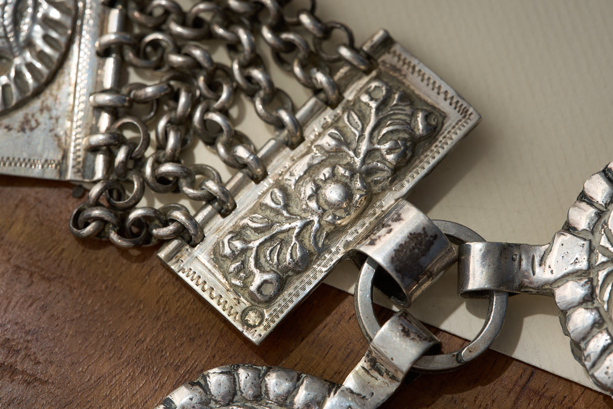 English Sterling Silver Chatelaine with Repousse Panels and Openwork Fobs, c.1890