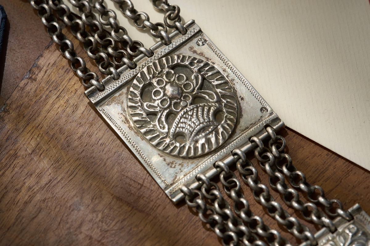 English Sterling Silver Chatelaine with Repousse Panels and Openwork Fobs, c.1890