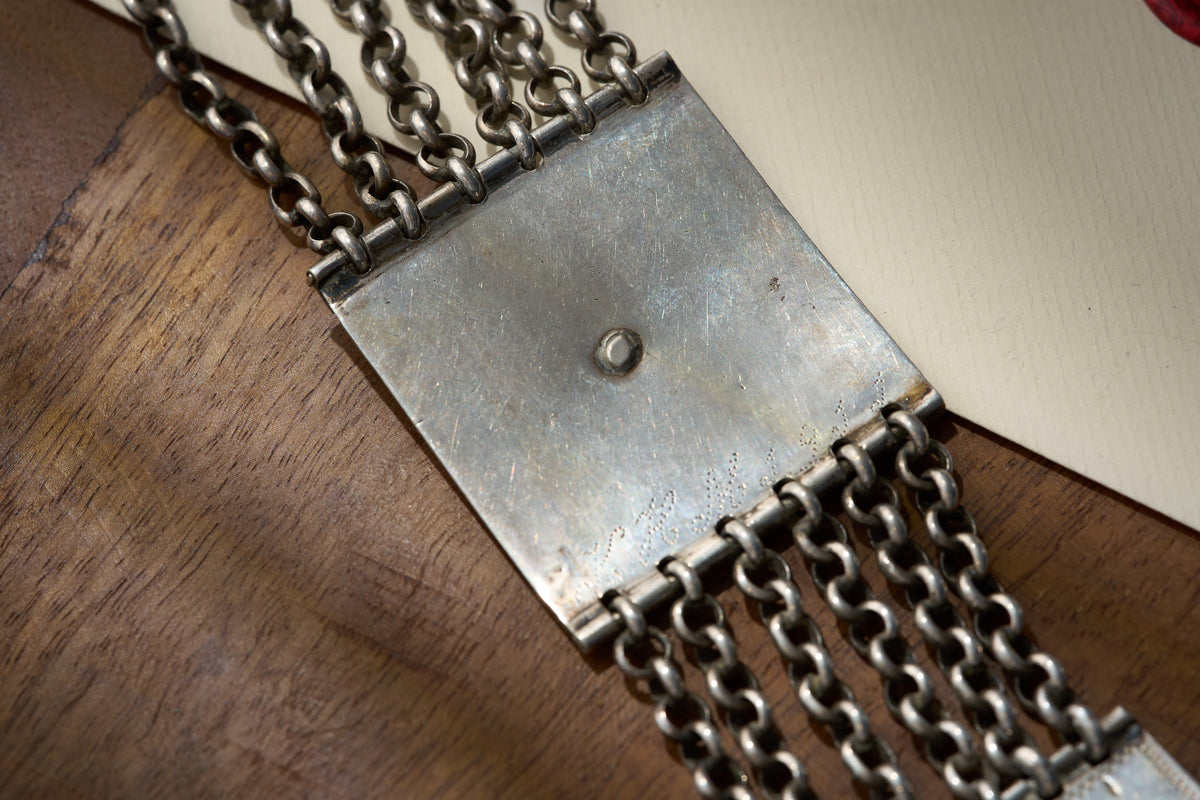 English Sterling Silver Chatelaine with Repousse Panels and Openwork Fobs, c.1890