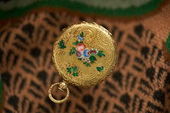 Geneva 18ct Gold Enamel Fob Watch, Flower Spray, c.1840, detail view 18