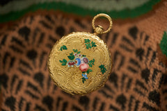 Geneva 18ct Gold Enamel Fob Watch, Flower Spray, c.1840, detail view 4