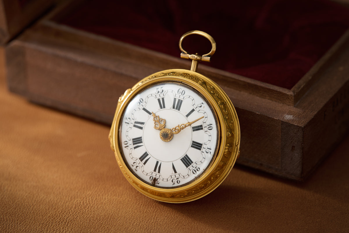 Baccuet Geneva Gold Repoussé Pocket Watch, Signed London, c.1750, front view