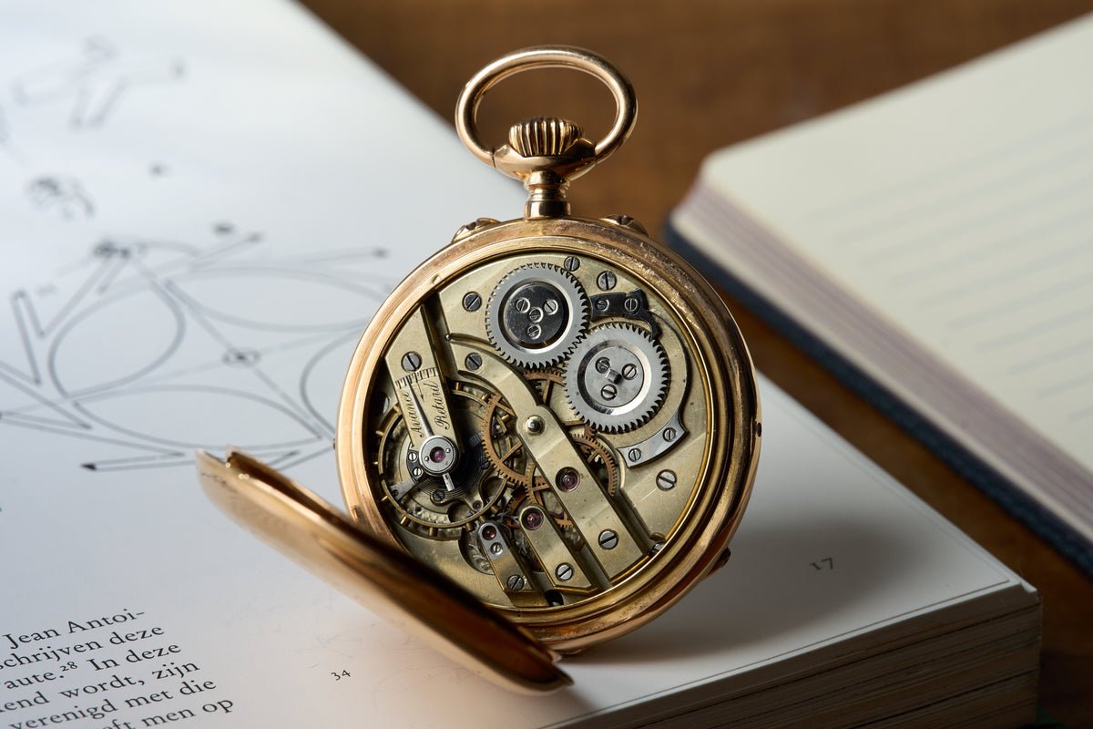 C.A. Gondy 18ct Gold Pocket Watch, Triple Calendar Moonphase, c.1890, detail view 5