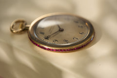 Cartier 18k Gold Pocket Watch, Baguette Ruby Border, c.1925, detail view 14