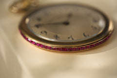 Cartier 18k Gold Pocket Watch, Baguette Ruby Border, c.1925, detail view 15