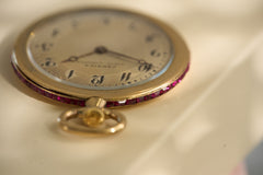 Cartier 18k Gold Pocket Watch, Baguette Ruby Border, c.1925, detail view 16