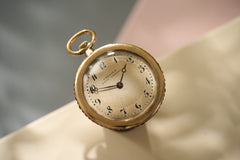 Cartier 18k Gold Pocket Watch, Baguette Ruby Border, c.1925, detail view 3