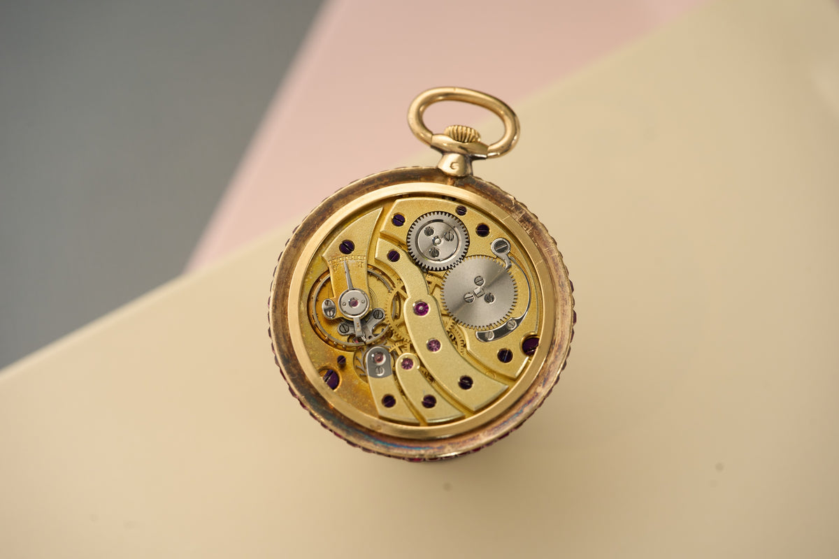 Cartier 18k Gold Pocket Watch, Baguette Ruby Border, c.1925, detail view 5