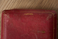 Cartier yellow guilloché enamel étui c.1920, CARTIER gold blocked on the box exterior, close up