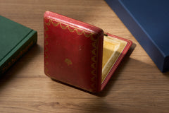 Cartier yellow guilloché enamel étui c.1920, Cartier box closed, angled view