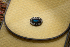 Cartier yellow guilloché enamel étui c.1920, sapphire and pearl clasp, angled view