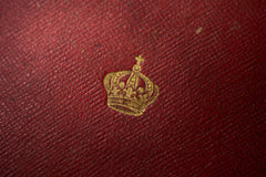 Cartier yellow guilloché enamel étui c.1920, gilt royal crown tooled on the Cartier box lid, close up
