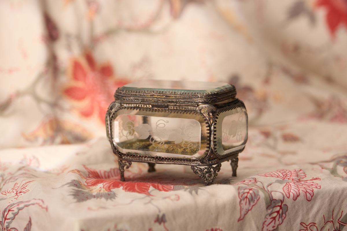 French Bevelled-Glass Jewel Casket, Etched Grapevine, c.1890