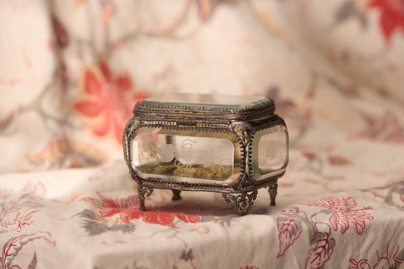 French Bevelled-Glass Jewel Casket, Etched Grapevine, c.1890
