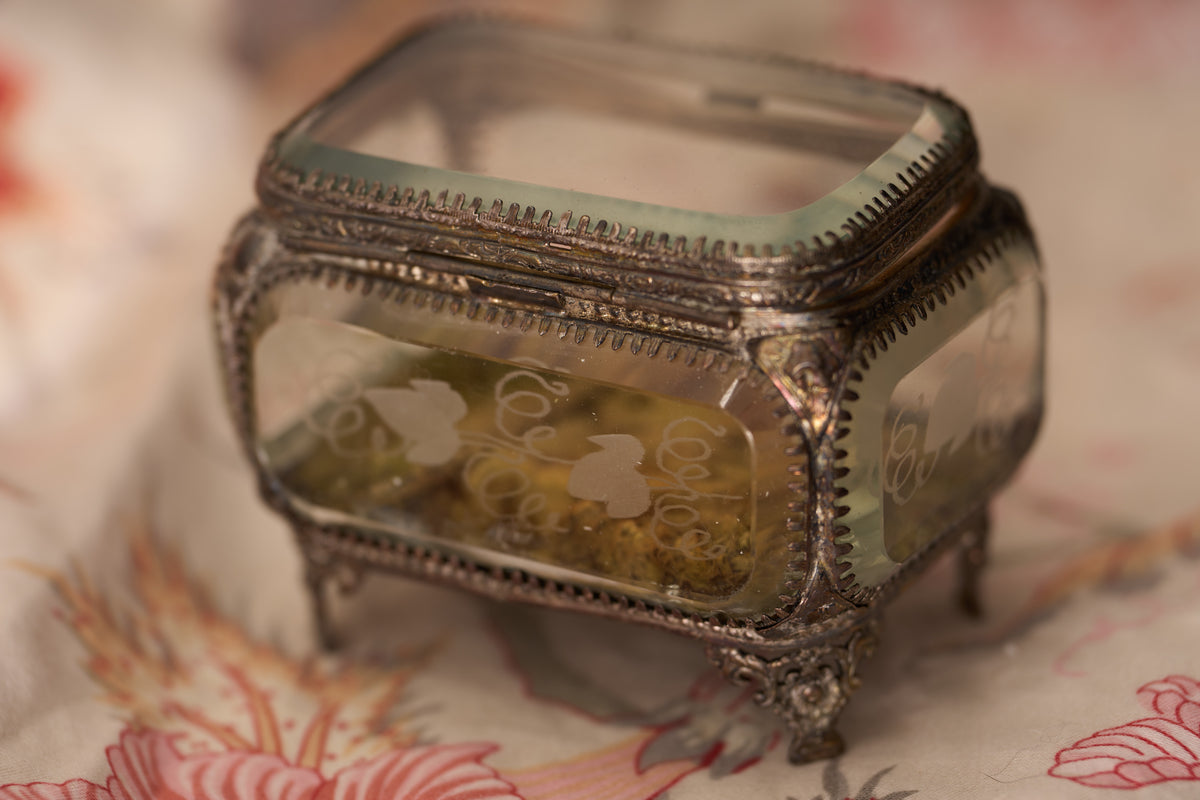 French Bevelled-Glass Jewel Casket, Etched Grapevine, c.1890