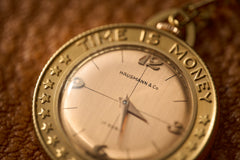 Gold Coin-Form Pendant Watch, 'Time Is Money' Bezel, c.1960, detail view 8