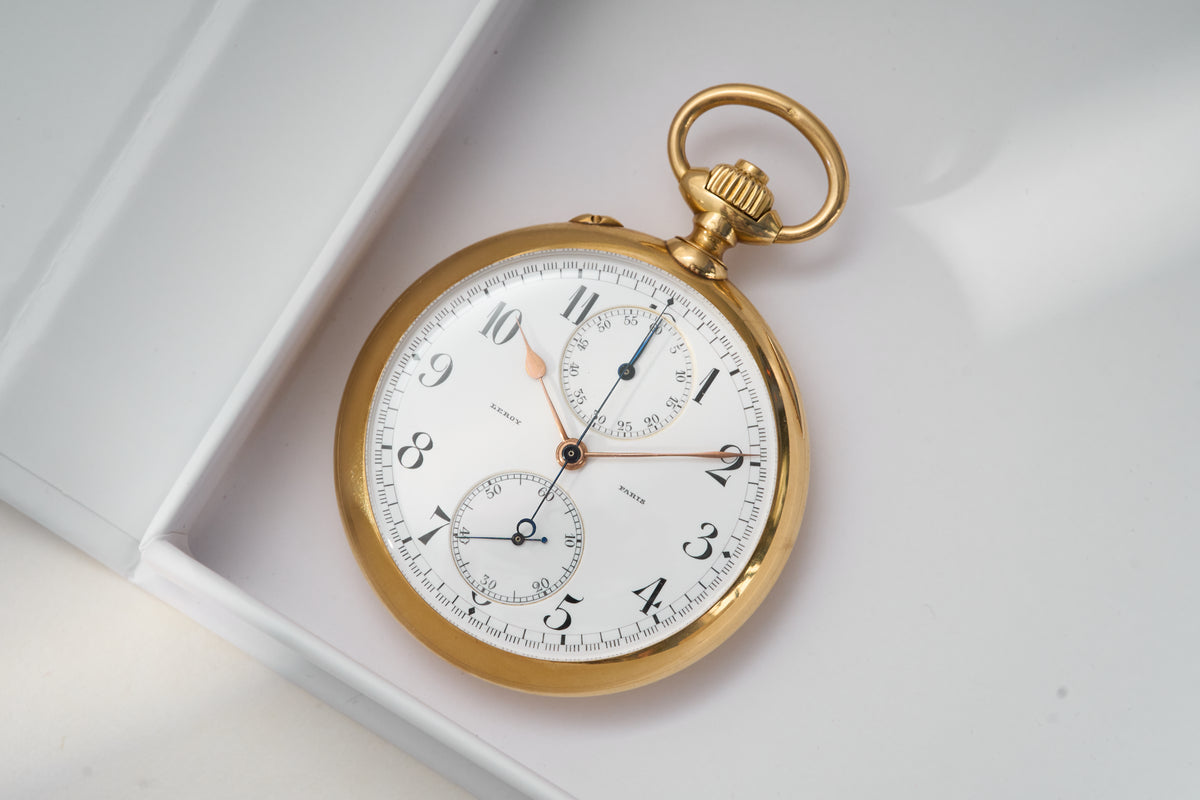 L. Leroy 18ct Gold Chronograph Pocket Watch, 1913, front view