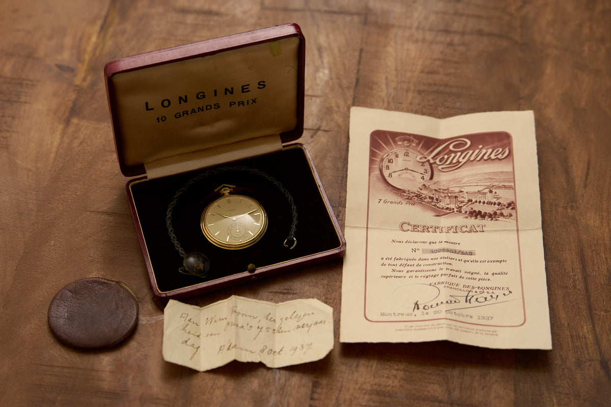 Longines 18k Gold Pocket Watch, Amsterdam Provenance, 1937, detail view 2