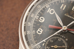 Longines 12.68Z Single-Button Chronograph, Black Dial, 1940s, close view of the dial