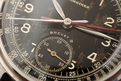 Longines 12.68Z Single-Button Chronograph, Black Dial, 1940s, close view of the dial