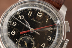 Longines 12.68Z Single-Button Chronograph, Black Dial, 1940s, close view of the black dial