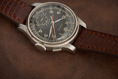 Longines 12.68Z Single-Button Chronograph, Black Dial, 1940s, crown side view