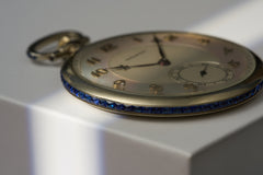 Movado 18k White Gold Pocket Watch, Sapphire Bezel, c.1928, detail view 20