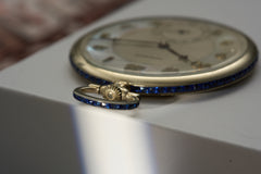 Movado 18k White Gold Pocket Watch, Sapphire Bezel, c.1928, detail view 2