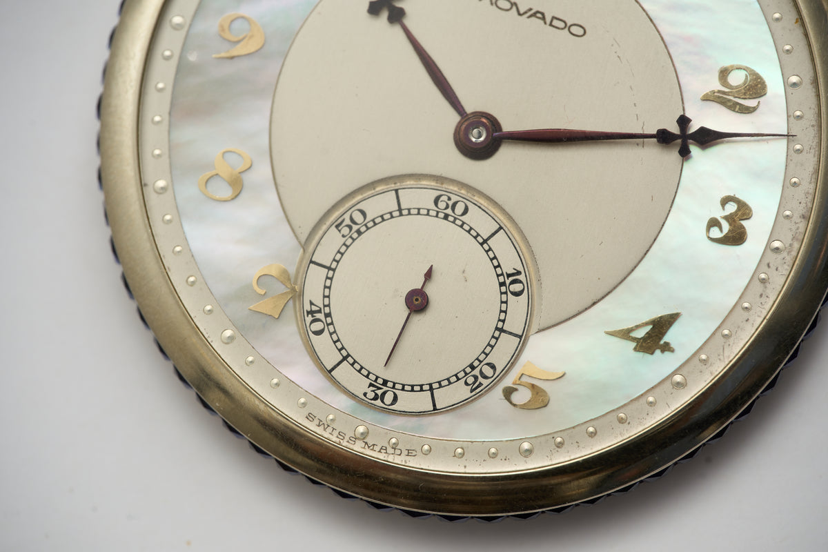 Movado 18k White Gold Pocket Watch, Sapphire Bezel, c.1928, detail view 29