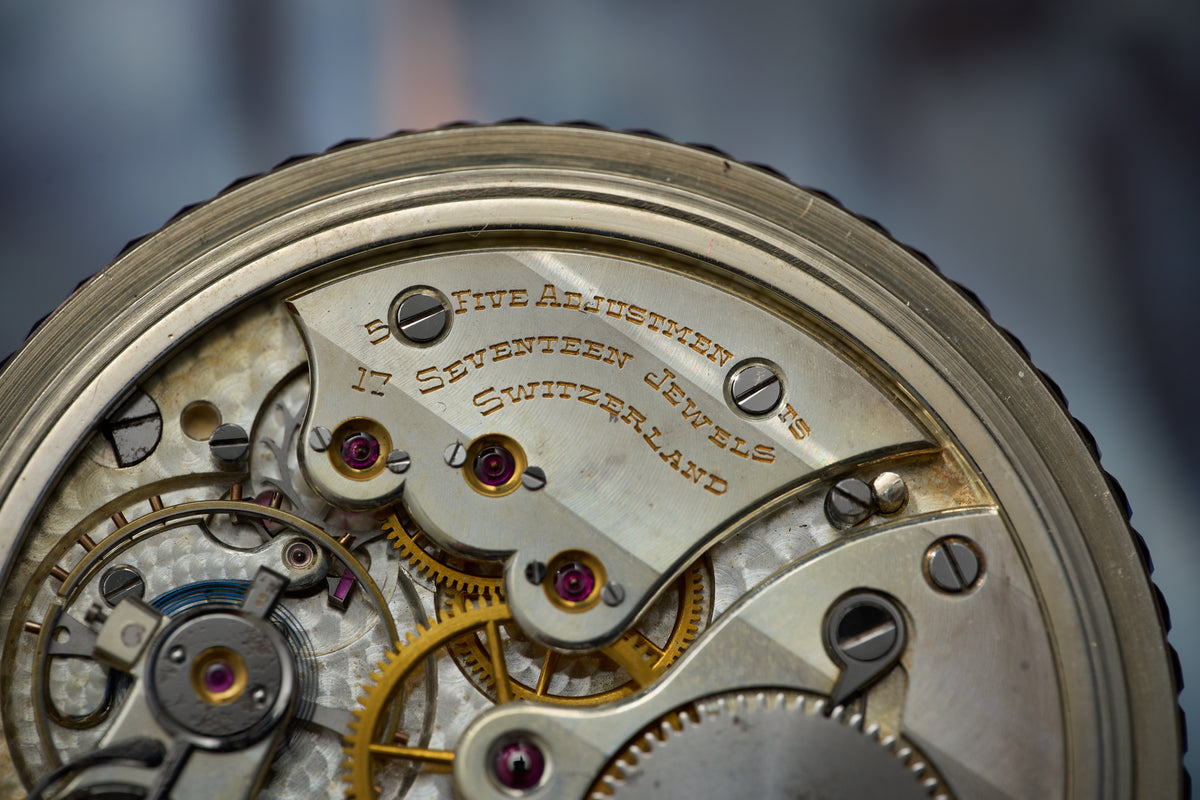 Movado 18k White Gold Pocket Watch, Sapphire Bezel, c.1928, detail view 8