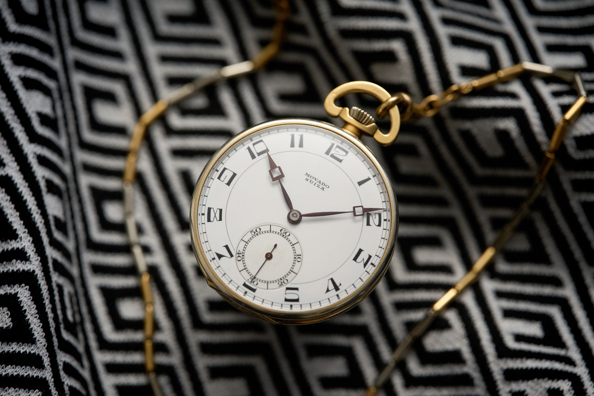 Movado 18ct Gold Pocket Watch, Art Deco Enamel Dial, c.1920s, front view
