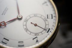 Movado 18ct Gold Pocket Watch, Art Deco Enamel Dial, c.1920s, detail view 8