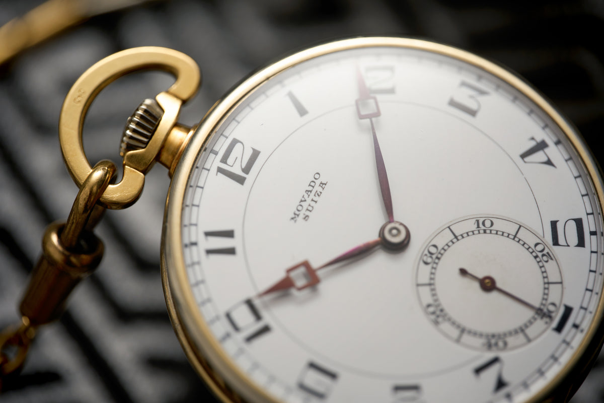 Movado 18ct Gold Pocket Watch, Art Deco Enamel Dial, c.1920s, detail view 9