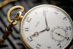 Movado 18ct Gold Pocket Watch, Art Deco Enamel Dial, c.1920s, detail view 9
