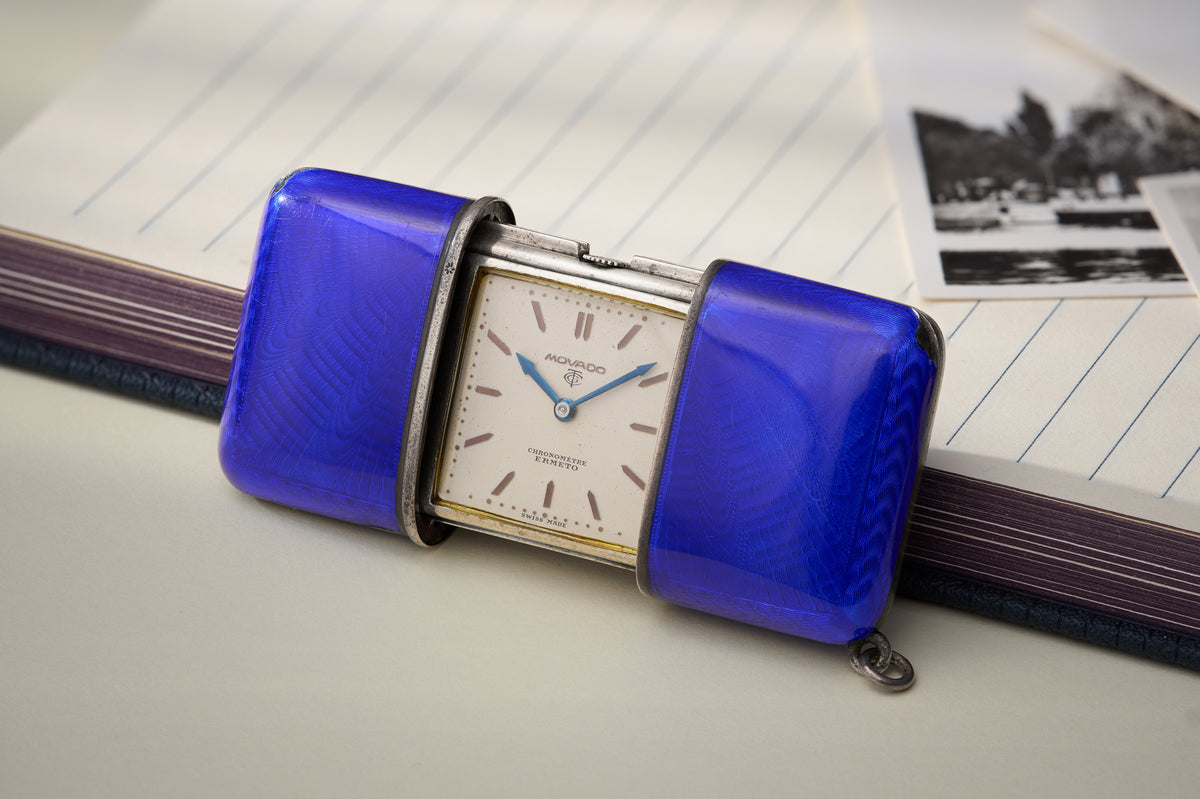 Movado Ermeto Silver Pocket Watch, Blue Guilloché Enamel, c.1929, front view