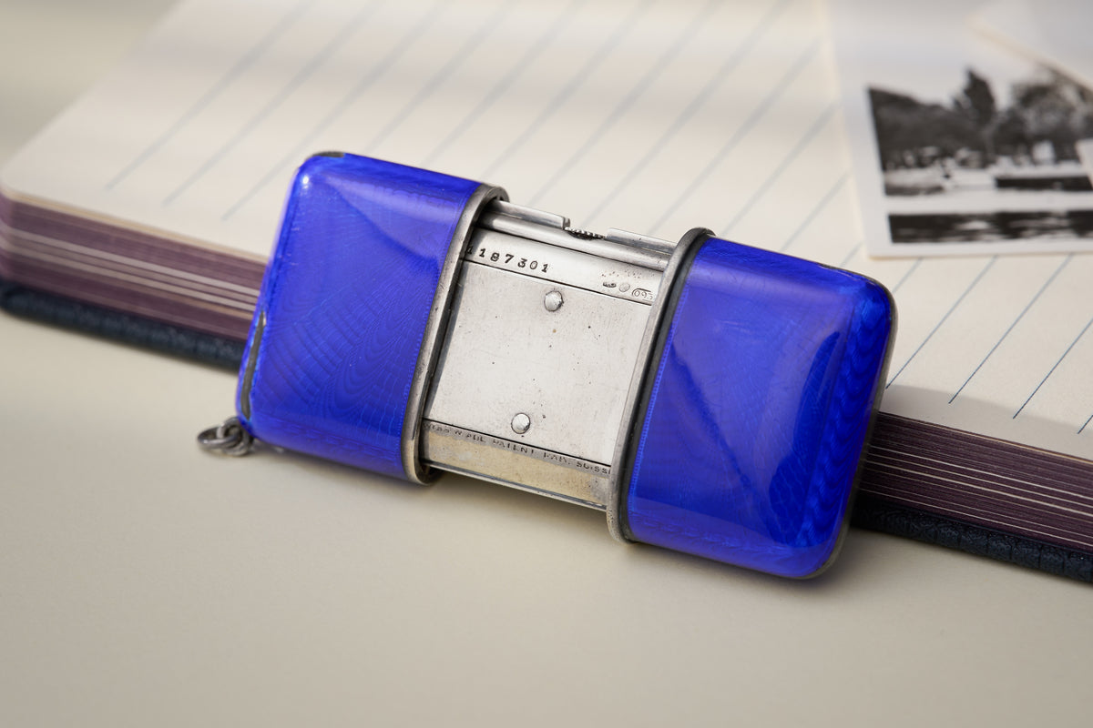 Movado Ermeto Silver Pocket Watch, Blue Guilloché Enamel, c.1929, detail view 8