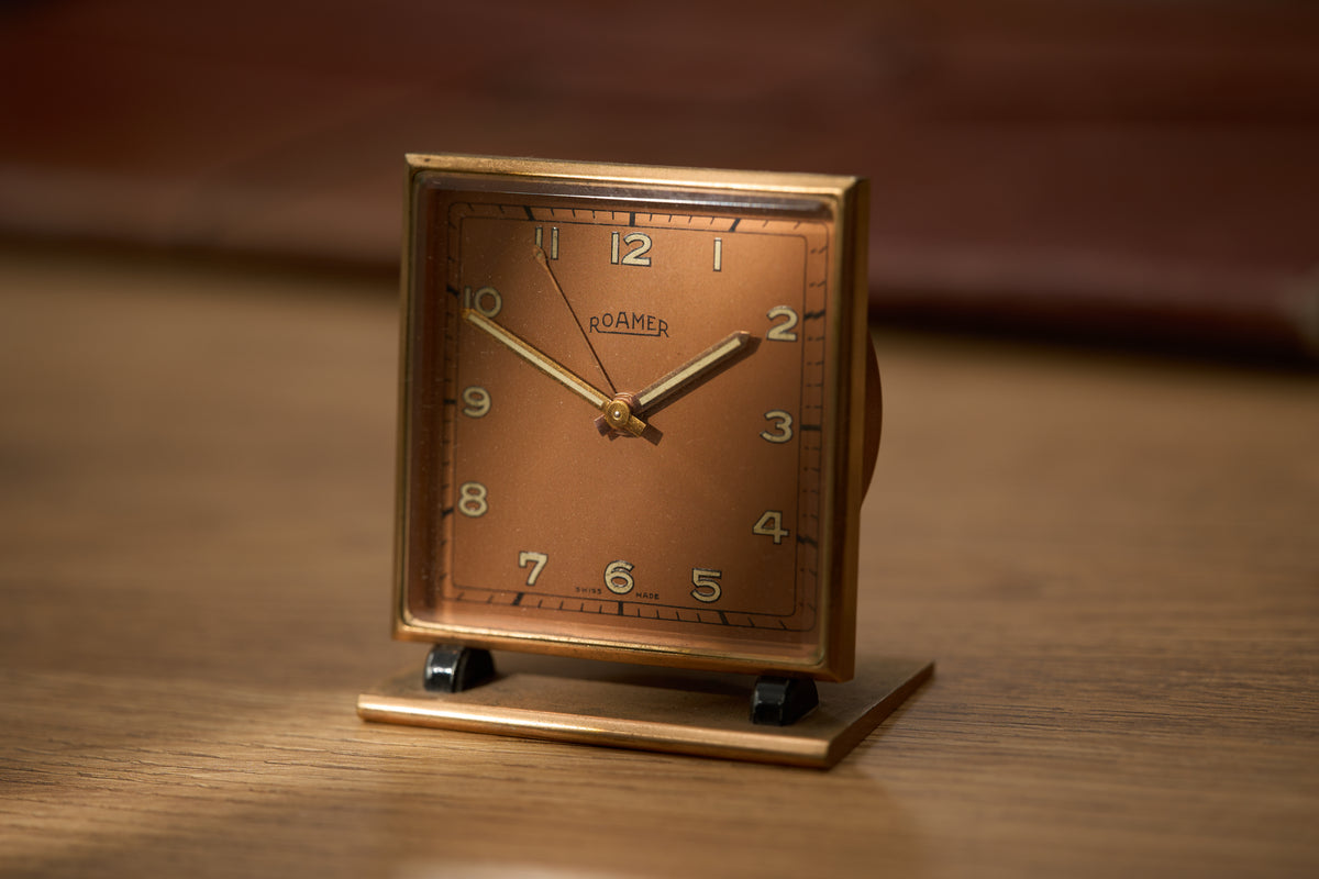 Roamer Art Deco Gilt Brass Alarm Clock, Salmon Dial, c.1940, front view