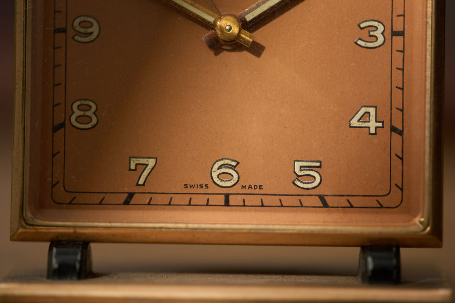 Square Gilt Brass Alarm Clock, Signed Salmon Dial, c.1938-1945