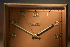 Roamer Art Deco Gilt Brass Alarm Clock, Salmon Dial, c.1940, detail view 6
