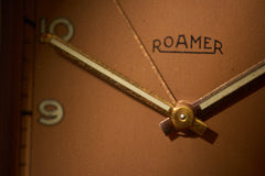 Roamer Art Deco Gilt Brass Alarm Clock, Salmon Dial, c.1940, detail view 7