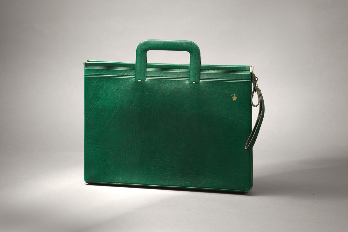 Rolex Green Leather Document Case, Folding Handle, c.1970s-1980s, front view