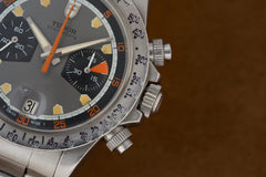 Tudor Oysterdate 'Home Plate' Chronograph 7032/0, c.1971, close view of the dial and date