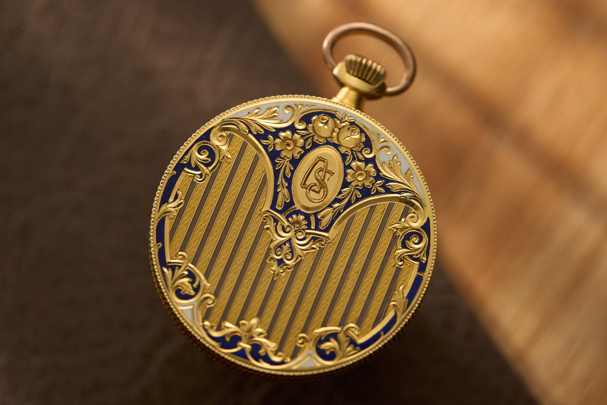 Swiss 18k Gold Pocket Watch, Guilloche Enamel, c.1900, detail view 12