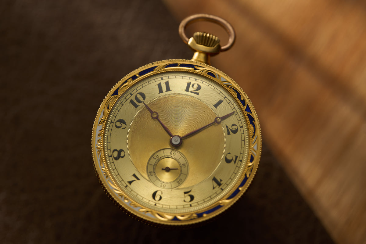 Swiss 18k Gold Pocket Watch, Guilloche Enamel, c.1900, front view