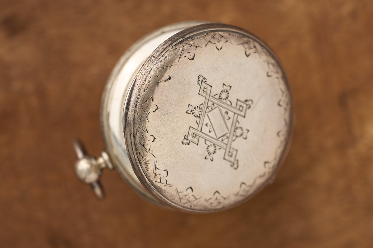 Silver Key-Wind Cylinder Watch, Engraved Throughout, c.1870