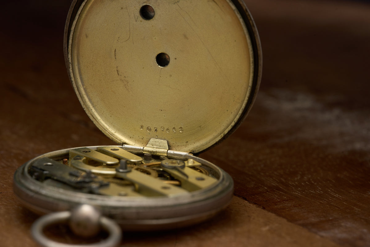 Cylinder Watch, White Enamel Dial, Engraved Silver, c.1870s