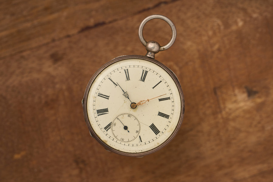 Cylinder Watch, White Enamel Dial, Engraved Silver, c.1870s