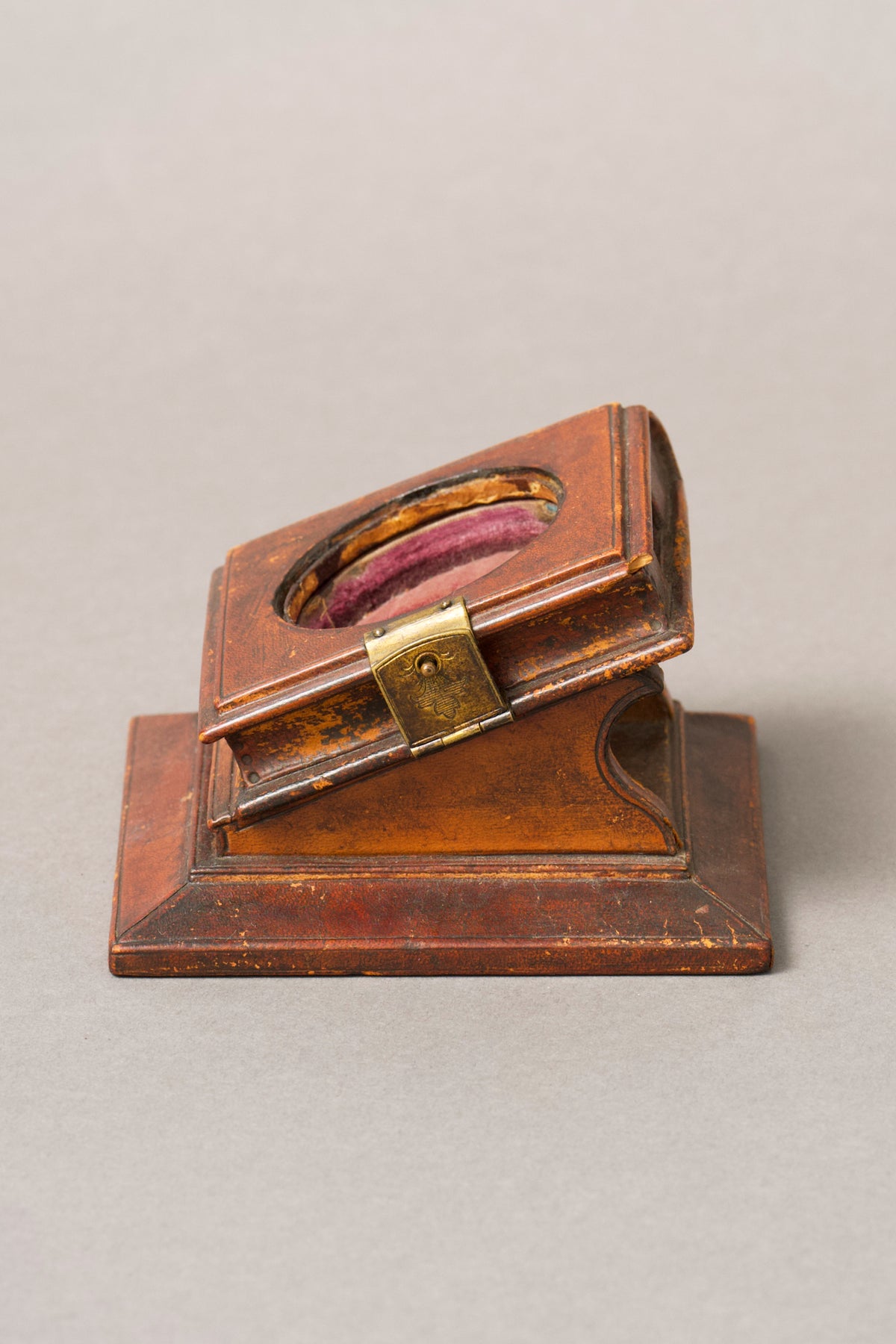 Leather Book-Form Watch Stand, Bee-Engraved Brass Clasp, c.1880